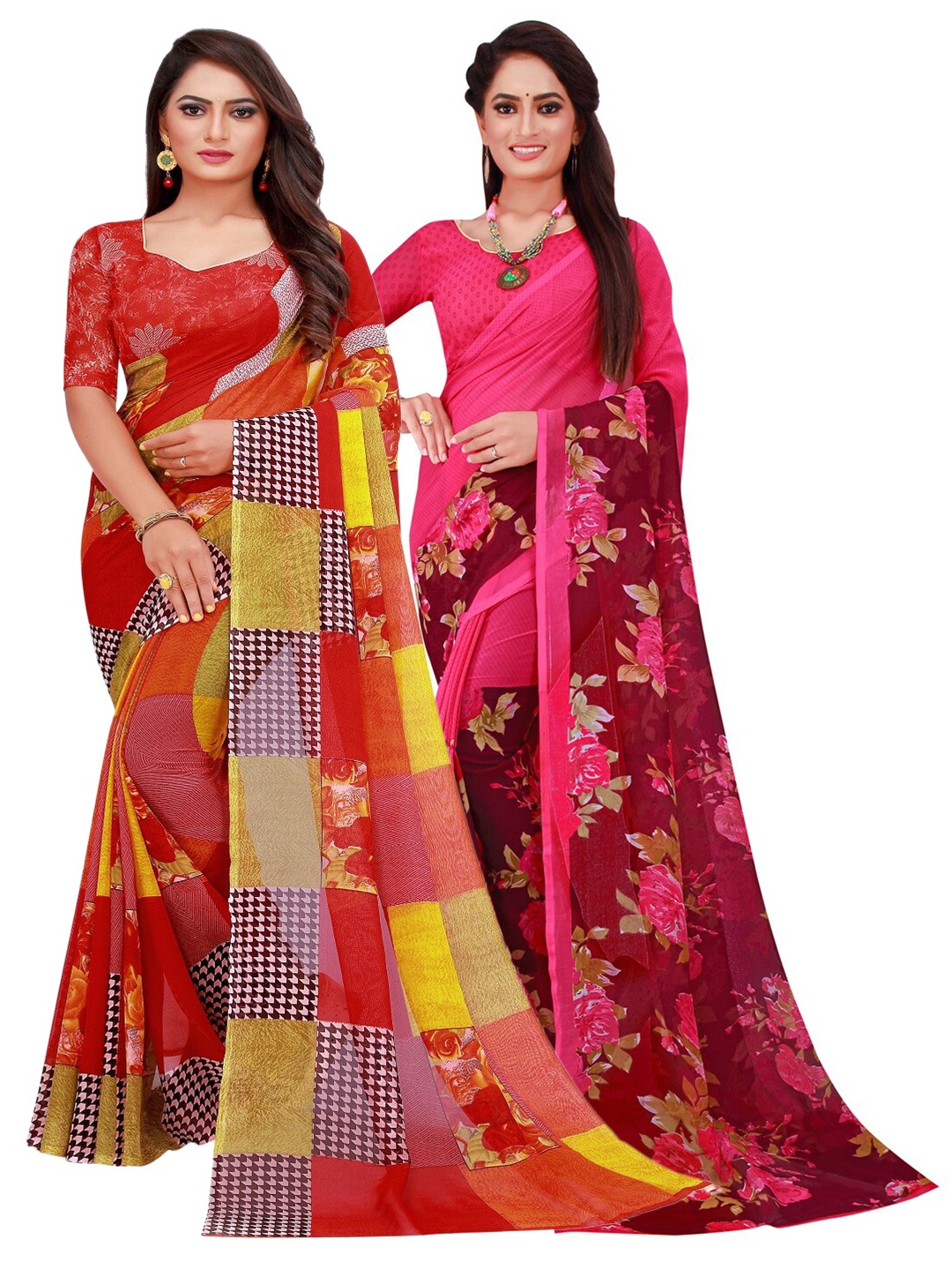 

SAADHVI Red & Magenta Printed Pure Georgette Saree