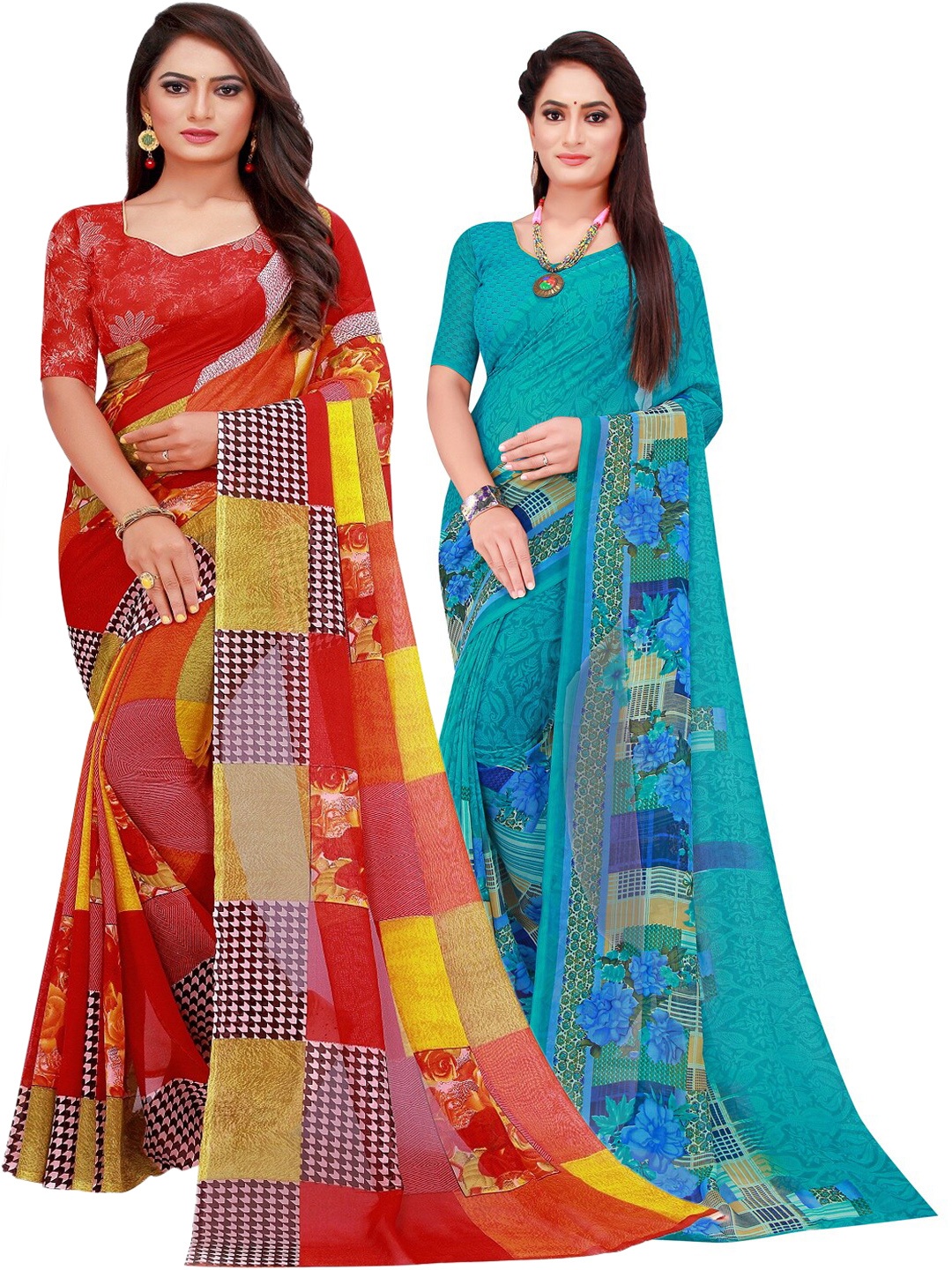 

SAADHVI Teal & Red Floral Pure Georgette Saree