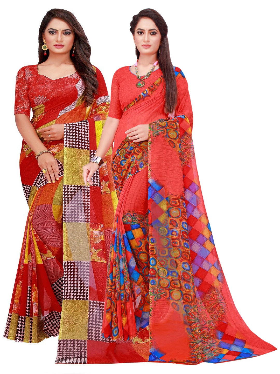 

SAADHVI Pack Of 2 Red & Green Floral Pure Georgette Saree