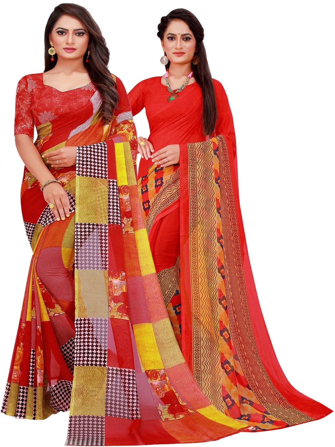 

SAADHVI Pack Of 2 Red & Yellow Floral Pure Georgette Saree