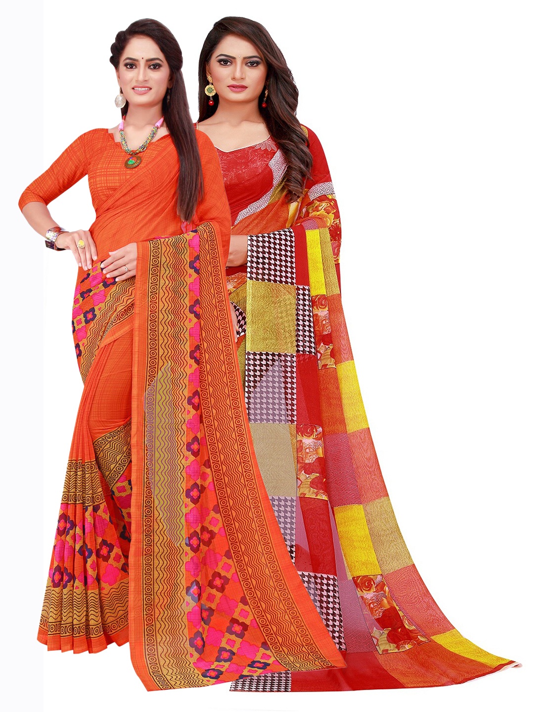 

SAADHVI Orange & Red Set of 2 Floral Printed Pure Georgette Saree