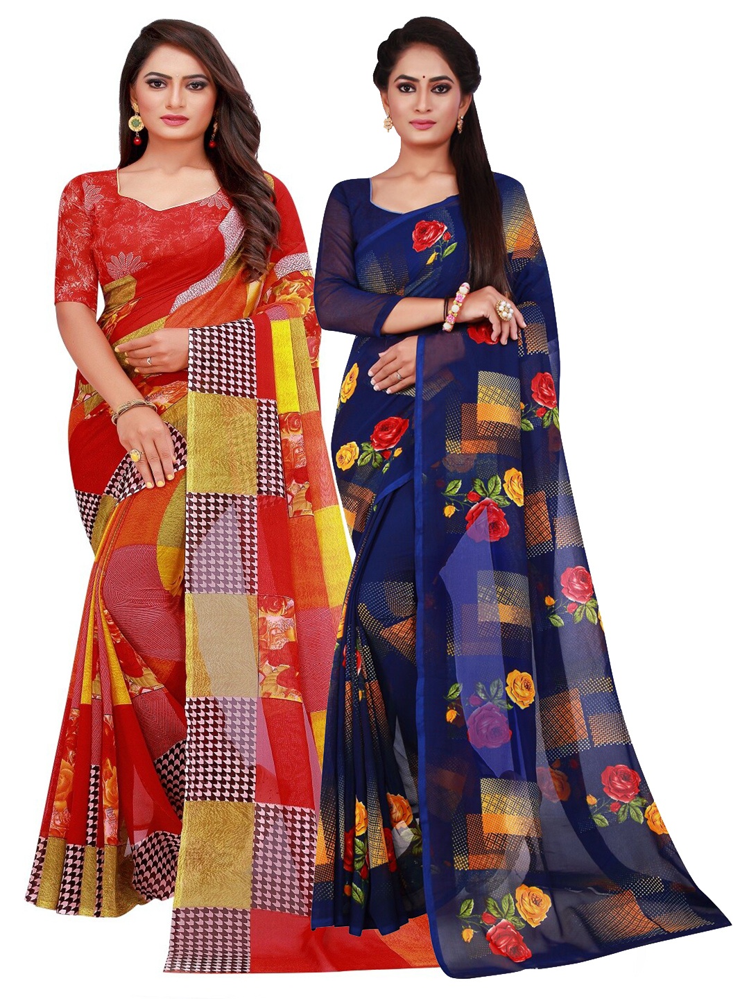 

SAADHVI Pack of 2 Printed Pure Georgette Sarees, Red