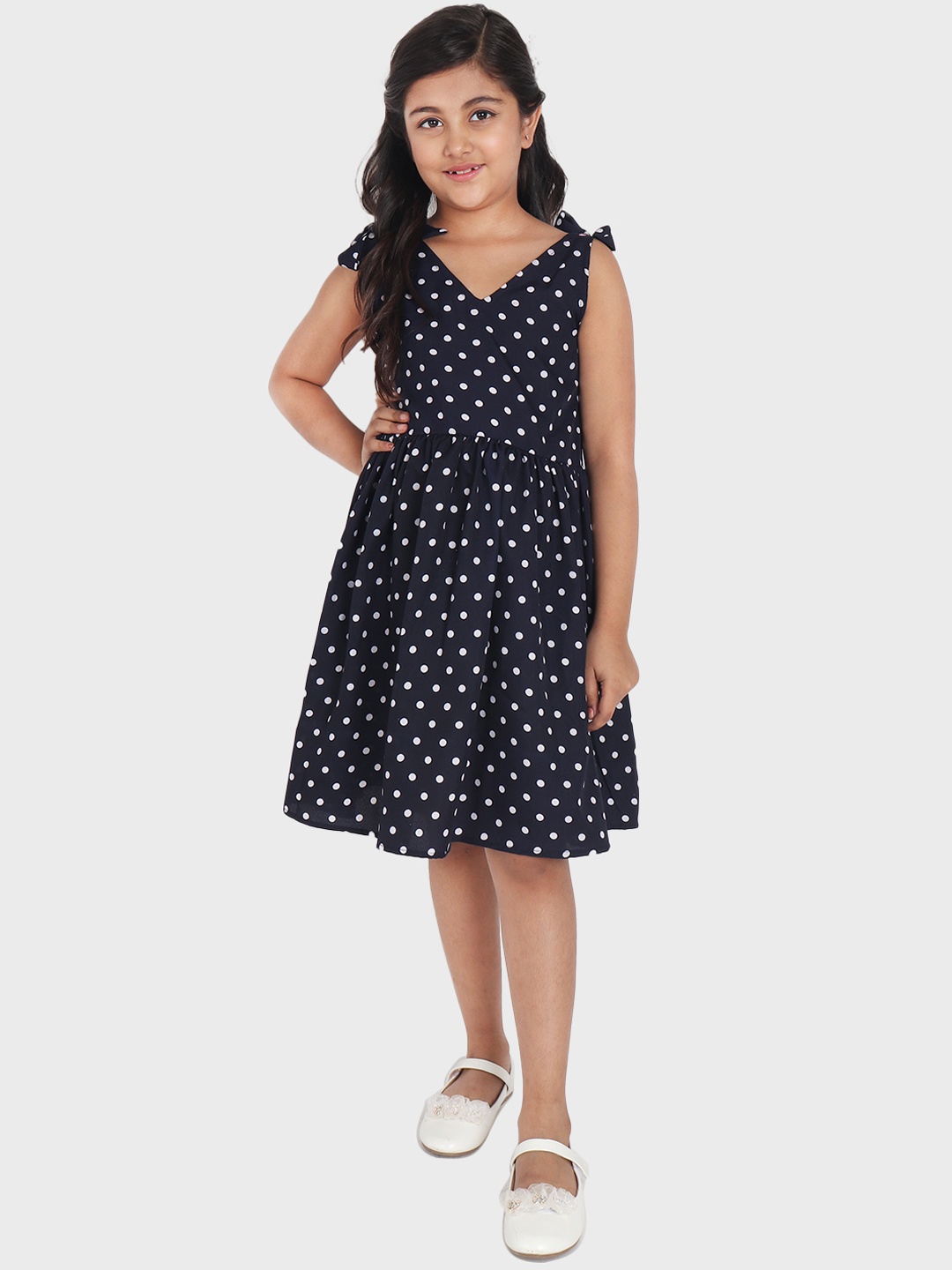 

YK Navy Blue Polka Dot Printed Sleeveless Crepe Fit and Flare Dress