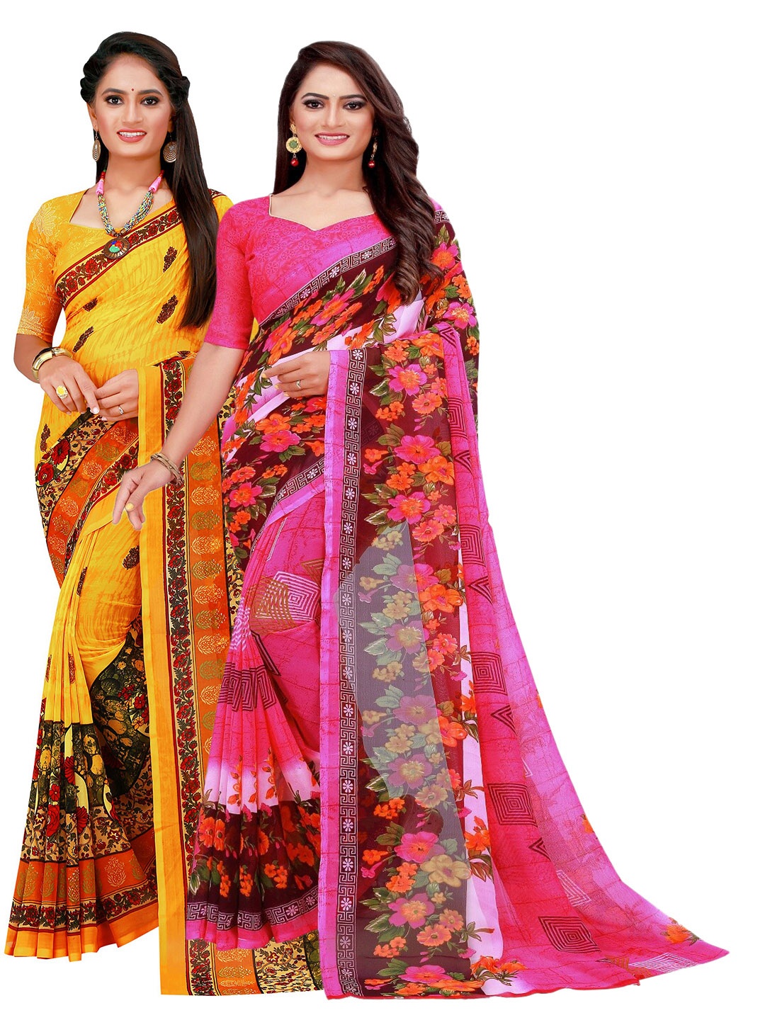 

SAADHVI Pack of 2 Pink & Yellow Floral Pure Georgette Sarees