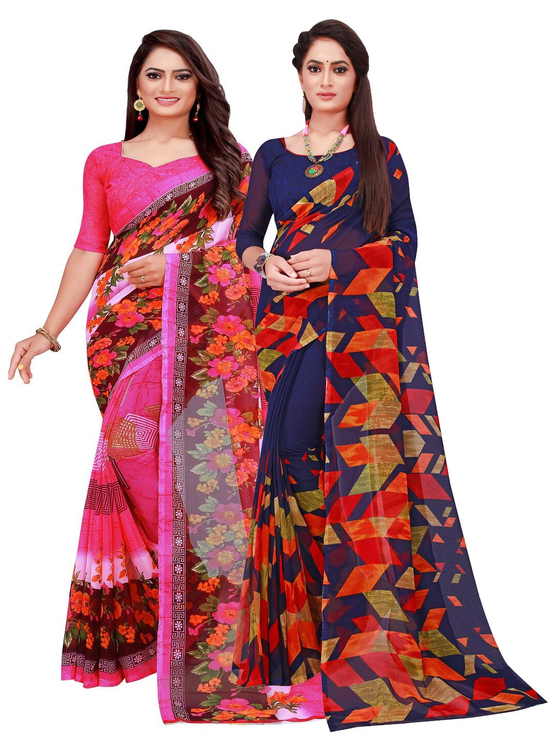 

SAADHVI Pack Of 2 Navy Blue & Pink Floral Pure Georgette Saree