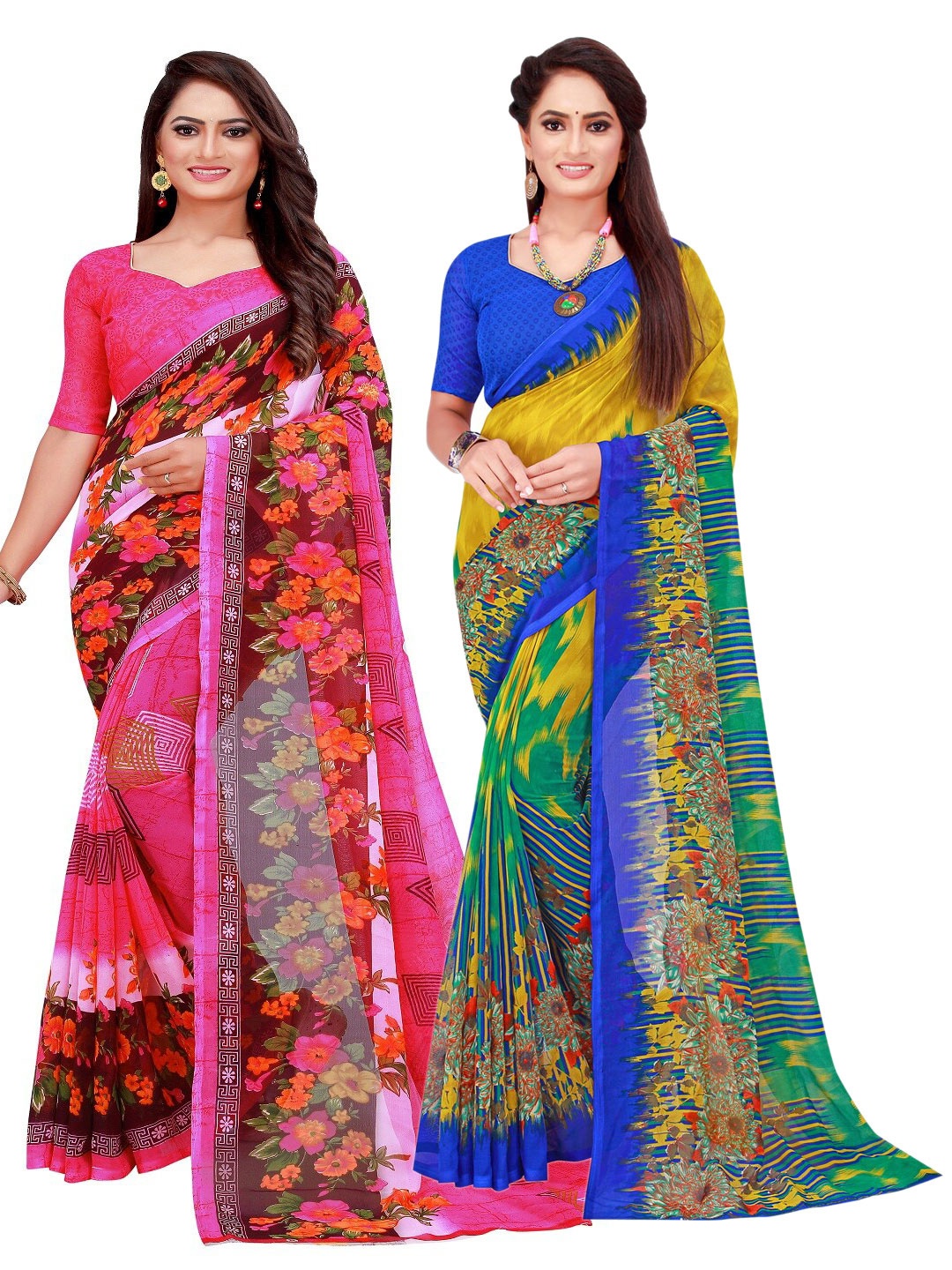 

SAADHVI Pink & Blue Set Of 2 Floral Pure Georgette Saree