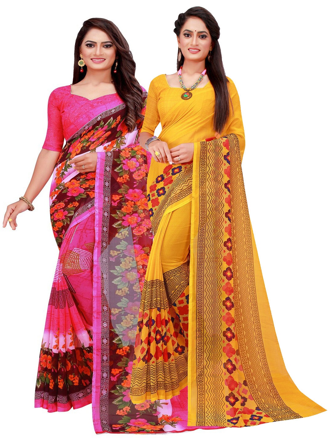 

SAADHVI Pack of 2 Pink & Yellow Floral Pure Georgette Saree