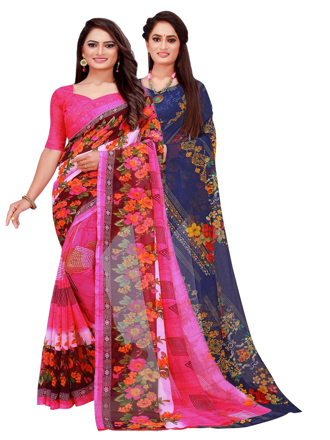 

SAADHVI Pack of 2 Printed Pure Georgette Sarees, Pink