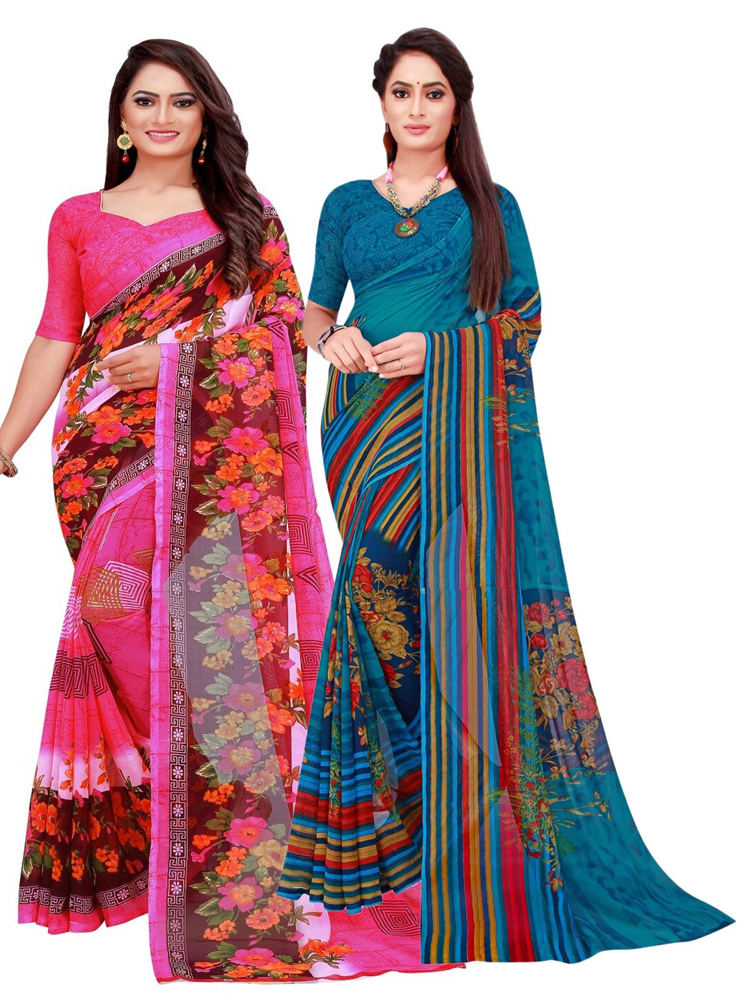 

SAADHVI Pack Of 2 Pink & Blue Floral Pure Georgette Saree