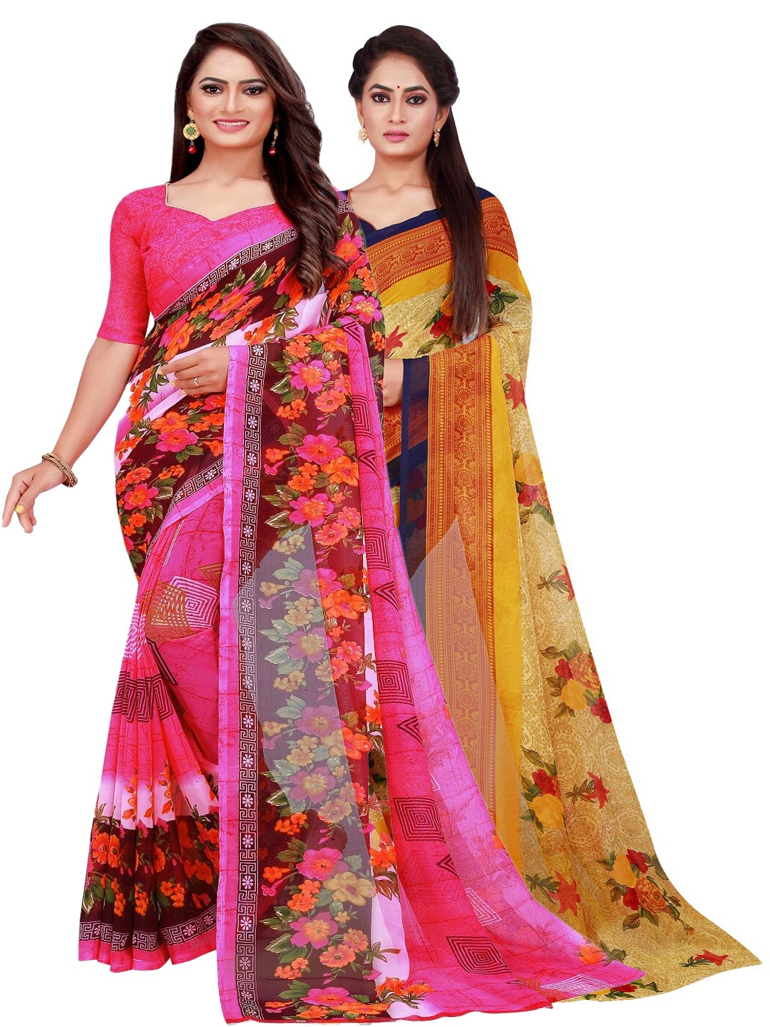 

SAADHVI Pink & Beige Set of 2 Pure Georgette Sarees