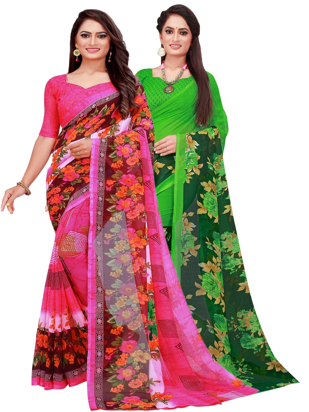 

SAADHVI Pack of 2 Pink & Green Floral Pure Georgette Saree