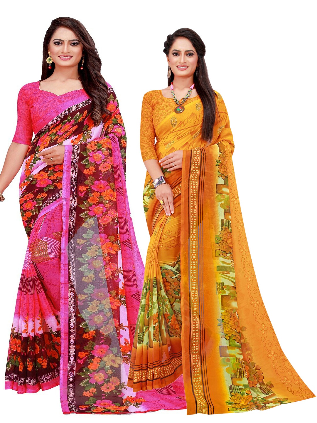 

SAADHVI Pack Of 2 Pink & Yellow Floral Pure Georgette Saree
