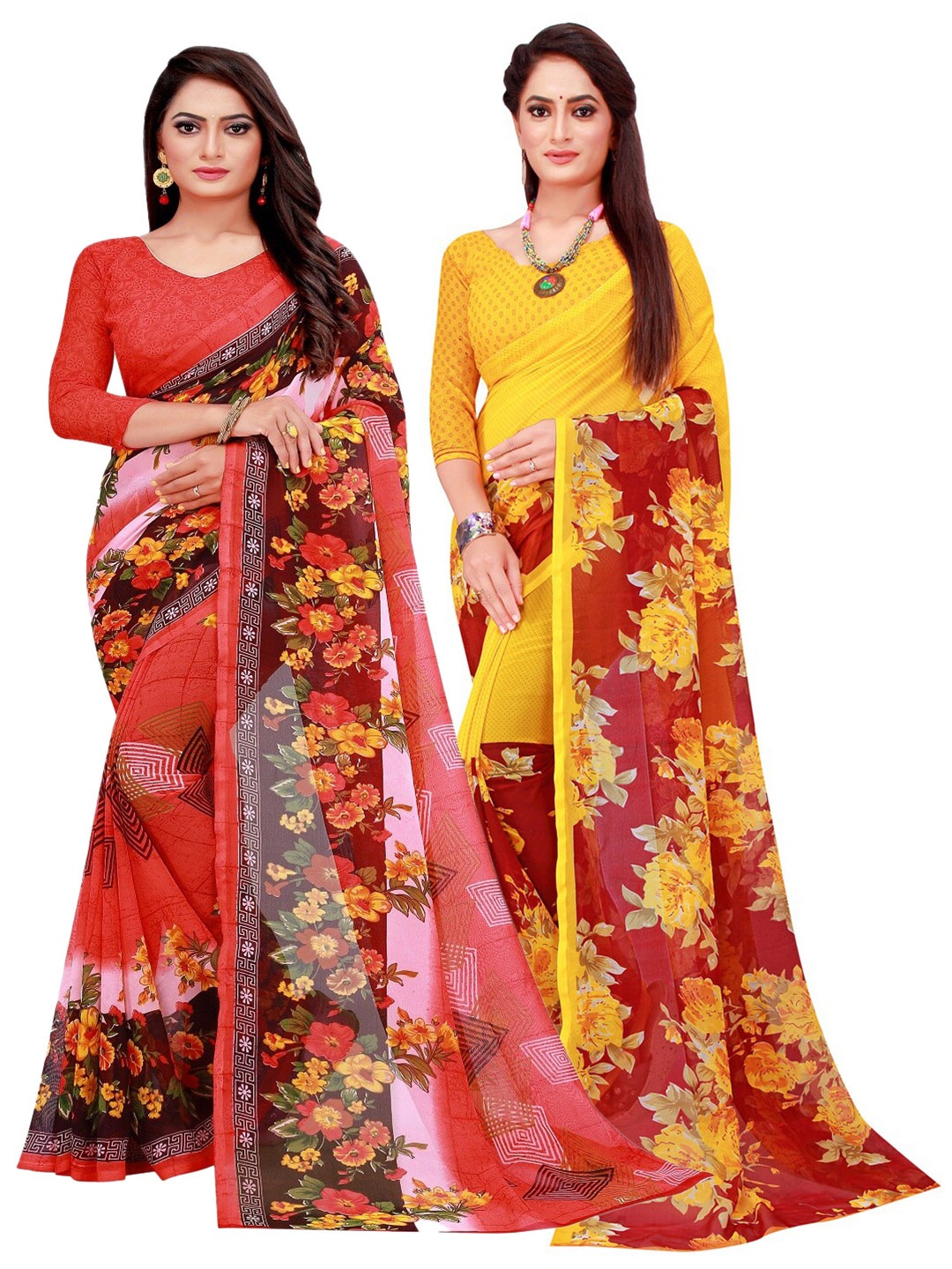 

SAADHVI Pack Of 2 Red & Yellow Floral Pure Georgette Saree