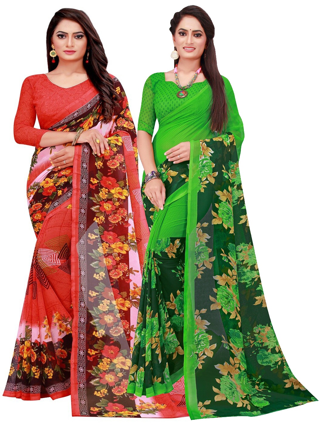 

SAADHVI Pack of 2 Red & Green Floral Pure Georgette Saree