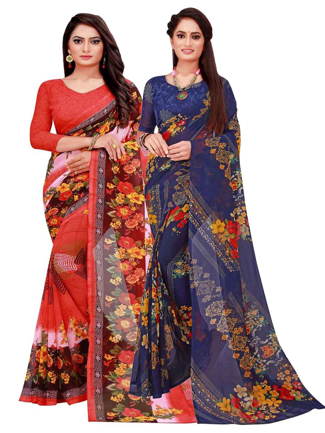 

SAADHVI Red & Navy Blue Pack of 2 Pure Georgette Saree