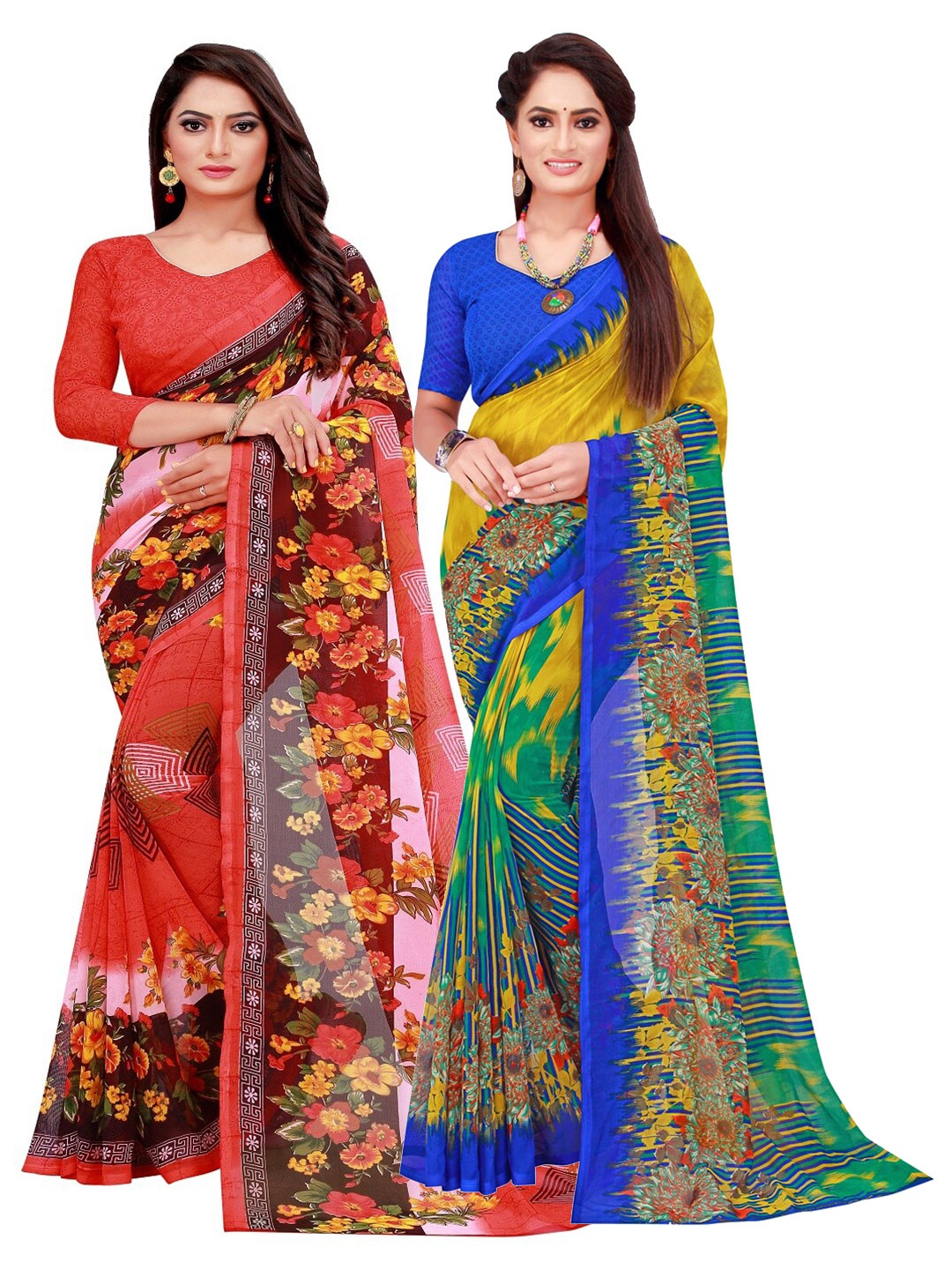 

SAADHVI Red & Blue Floral Pure Georgette Saree