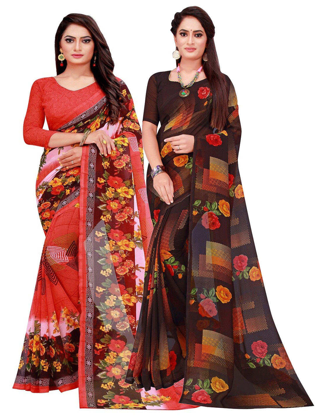 

SAADHVI Red & Black Floral Printed Pack of 2 Pure Georgette Saree