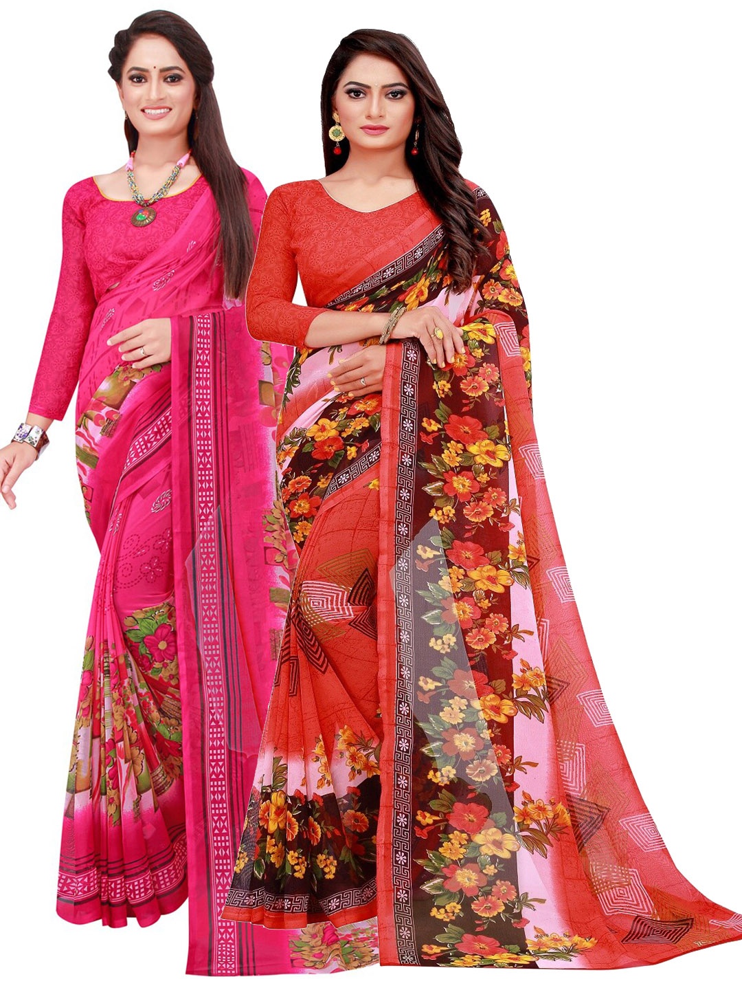 

SAADHVI Pack Of 2 Pink & Red Floral Pure Georgette Saree