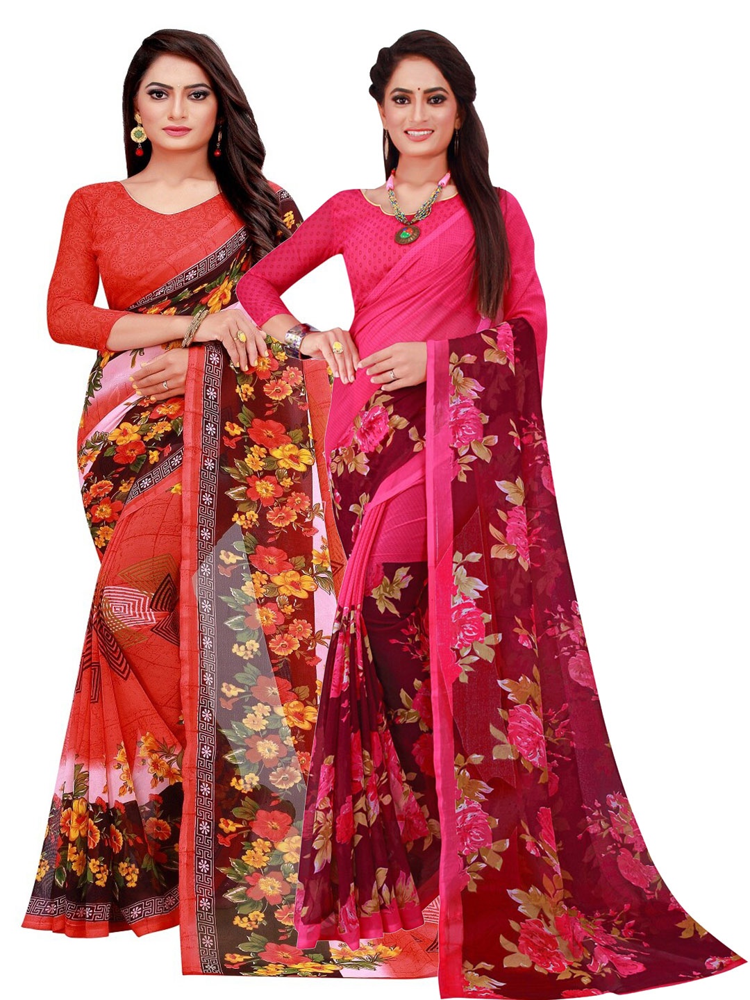 

SAADHVI Pack of 2 Red & Magenta Floral Pure Georgette Sarees