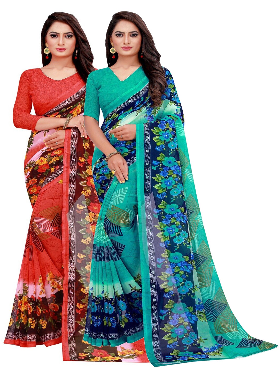 

SAADHVI Pack of 2 Red & Blue Floral Pure Georgette Saree