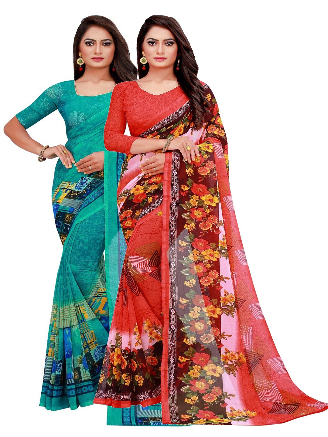 

SAADHVI Teal & Red Pack Of 2 Pure Georgette Saree