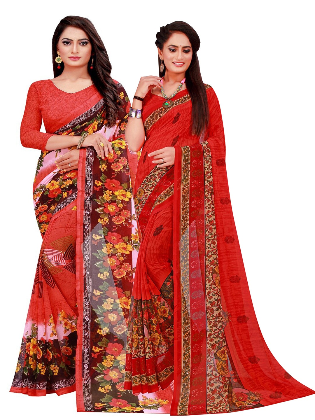 

SAADHVI Pack of 2 Red & Maroon Floral Pure Georgette Sarees