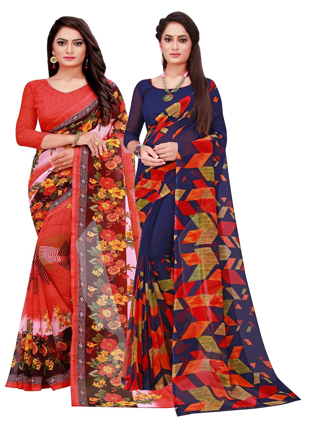 

SAADHVI Pack of 2 Navy Blue & Red Floral Pure Georgette Sarees