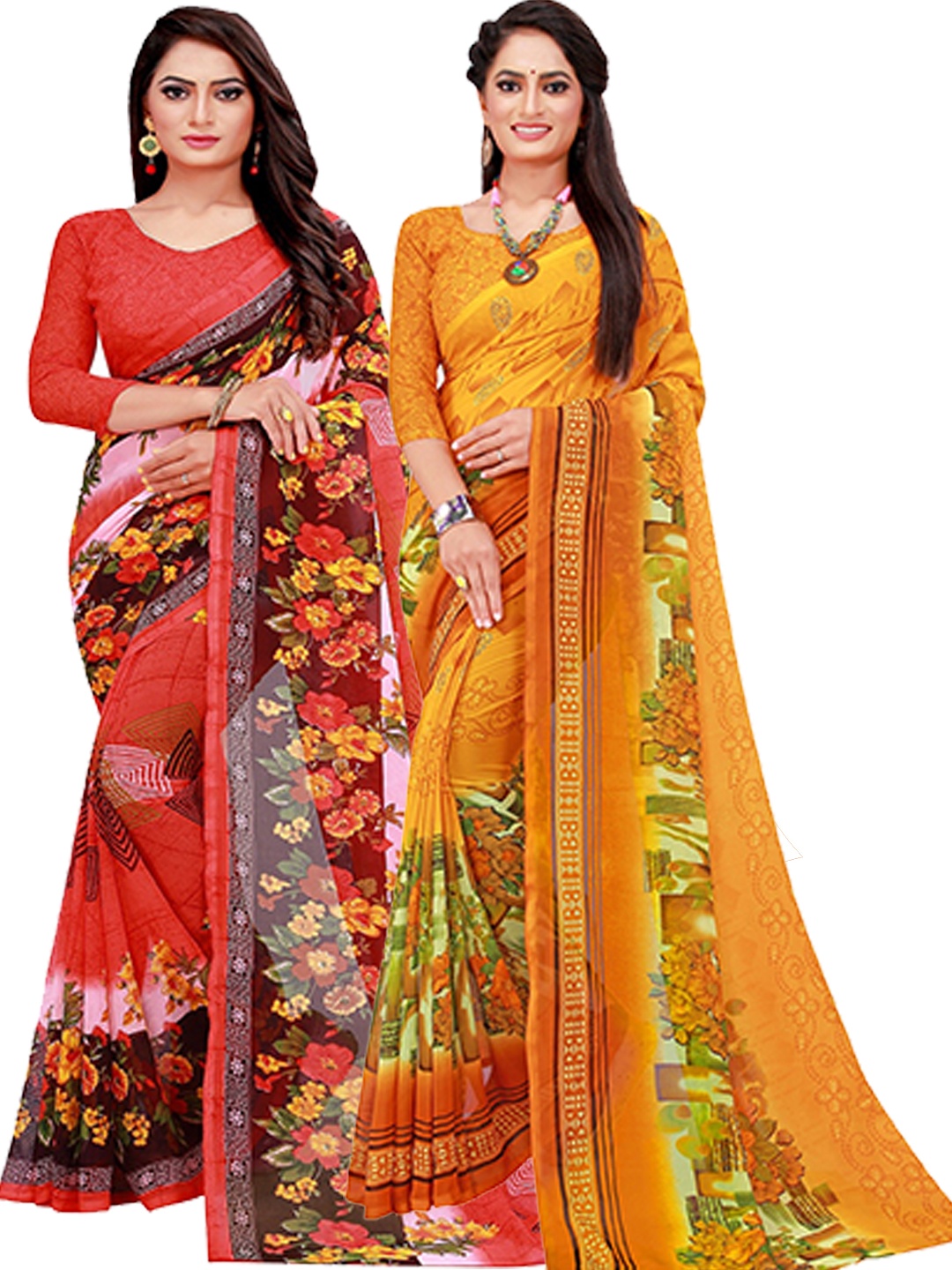 

SAADHVI Red & Yellow Set Of 2 Floral Pure Georgette Saree