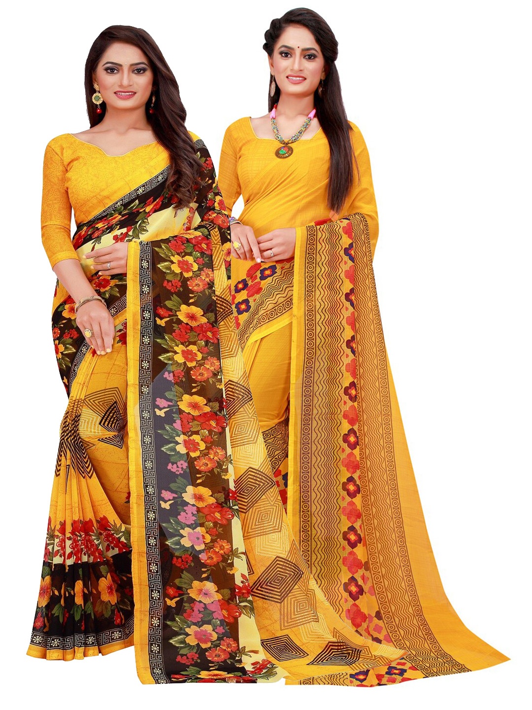 

SAADHVI Pack of 2 Yellow Printed Pure Georgette Saree