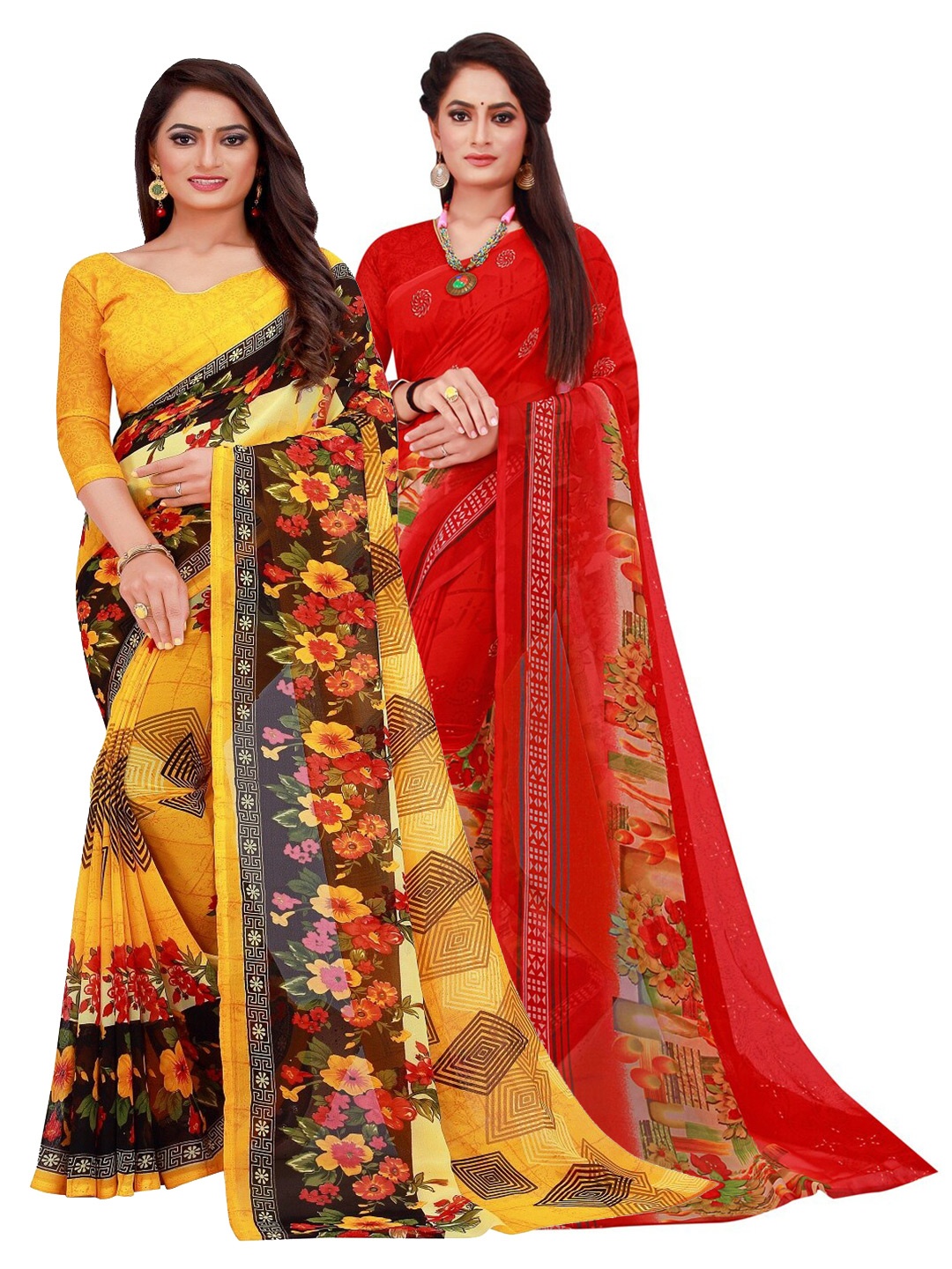 

SAADHVI Pack Of 2 Red & Yellow Floral Pure Georgette Saree
