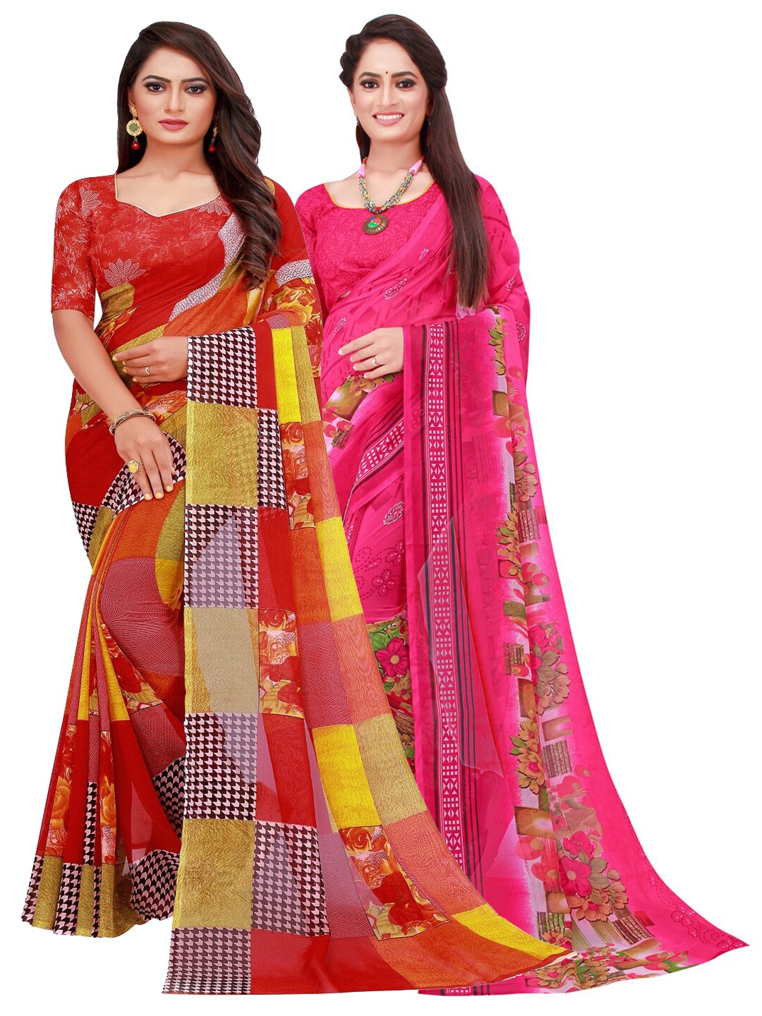 

SAADHVI Pack of 2 Magenta & Red Floral Pure Georgette Saree