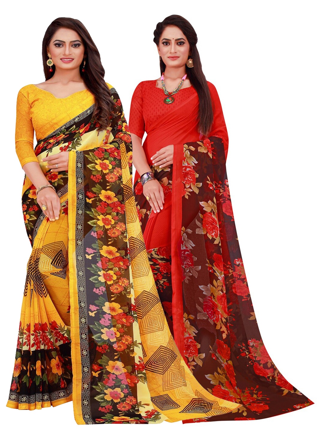 

SAADHVI Yellow & Red Set of 2 Pure Georgette Saree