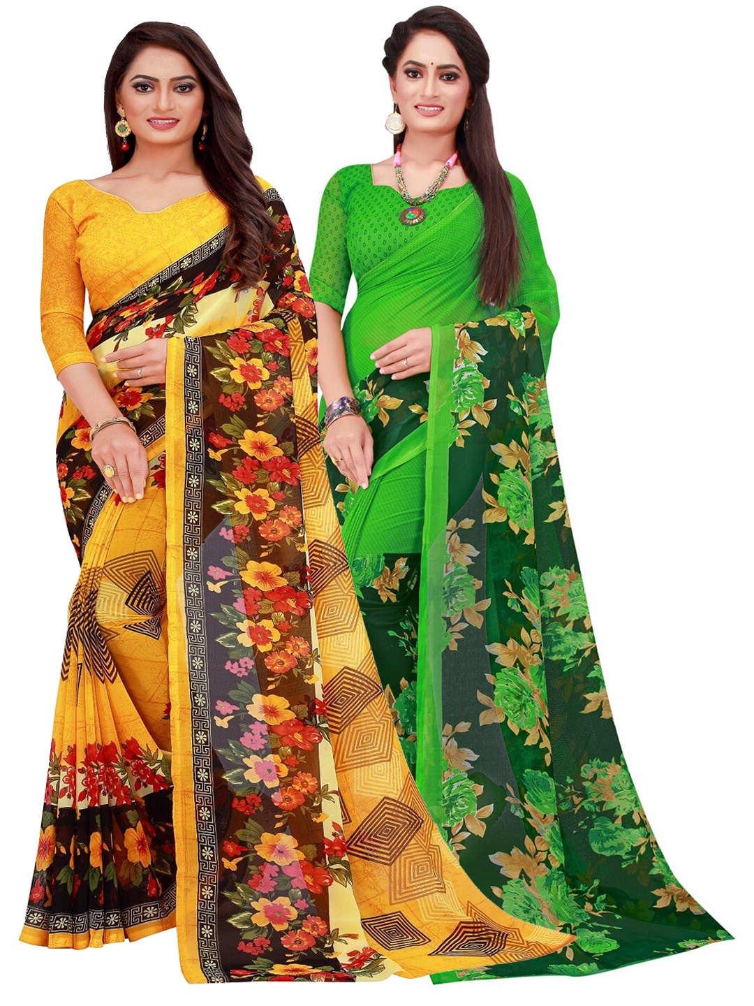 

SAADHVI Yellow & Green Set of 2 Floral Pure Georgette Saree