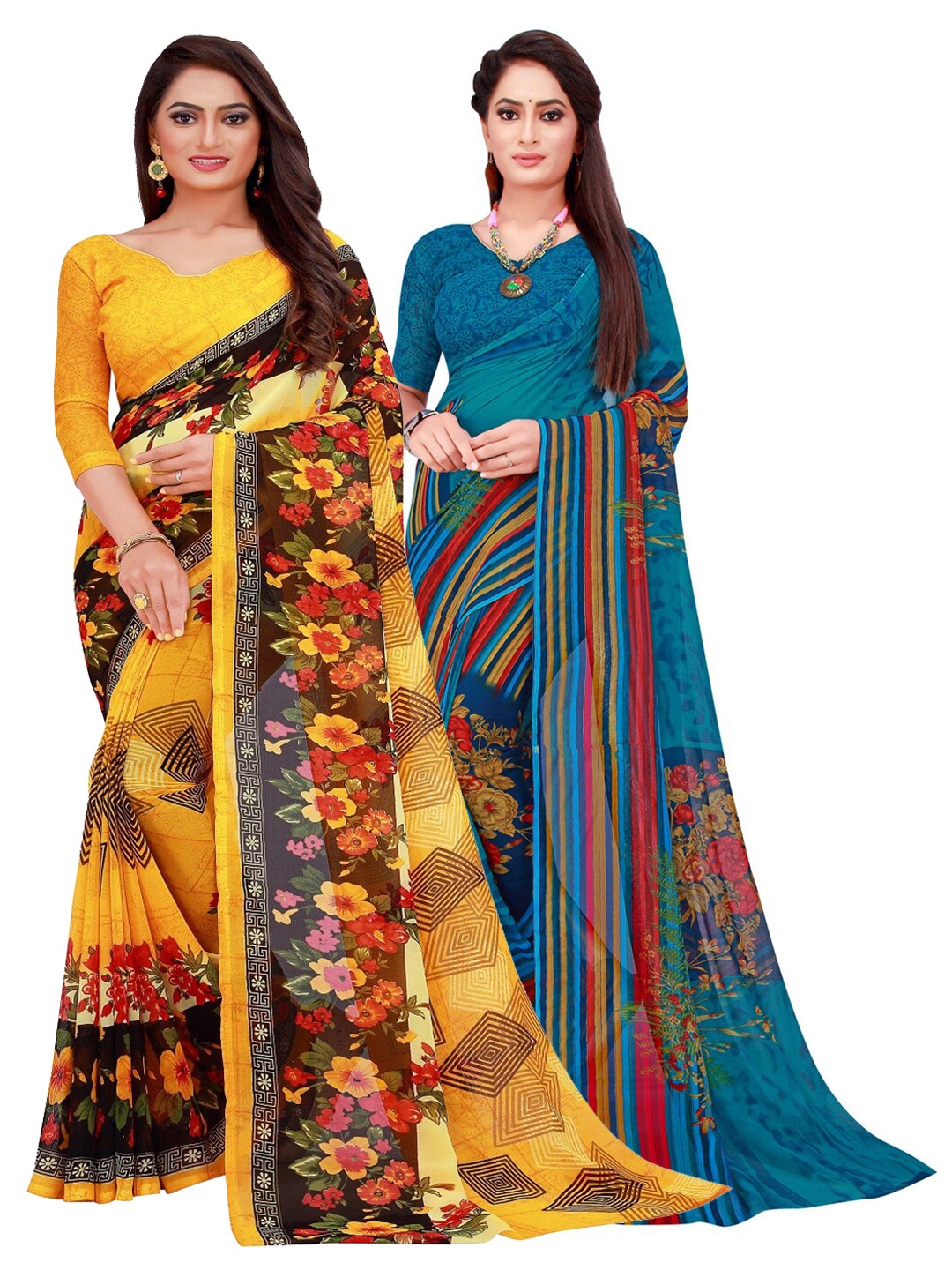 

SAADHVI Yellow & Blue Set of 2 Pure Georgette Saree