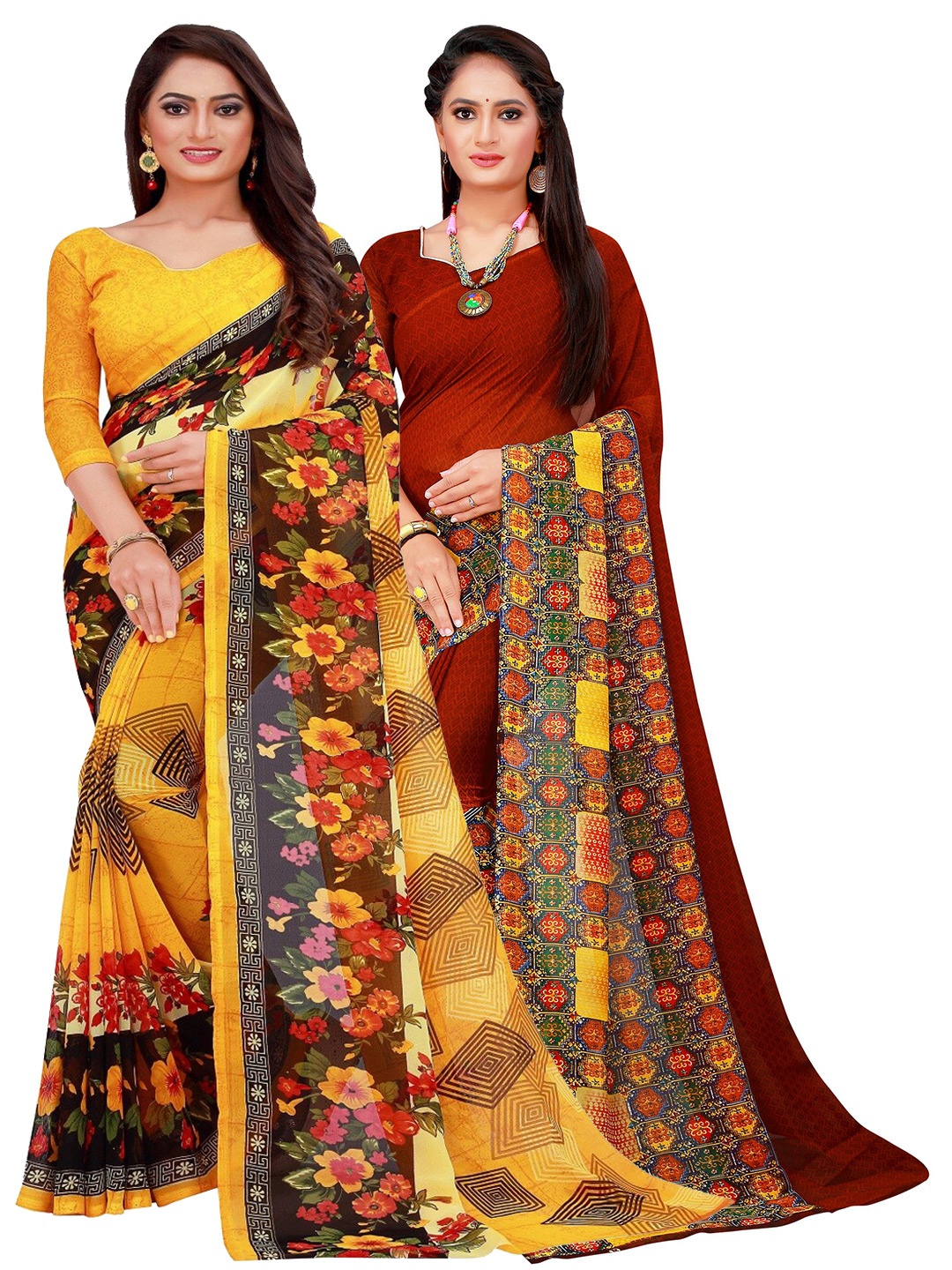 

SAADHVI Pack of 2 Yellow & Maroon Floral Saree