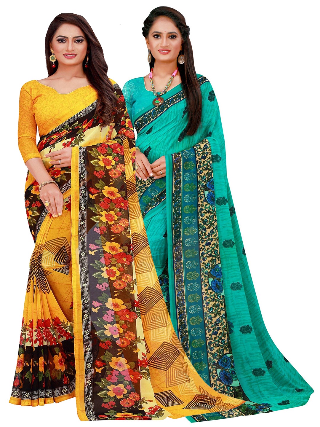 

SAADHVI Pack Of 2 Yellow & Turquoise Blue Floral Pure Georgette Saree