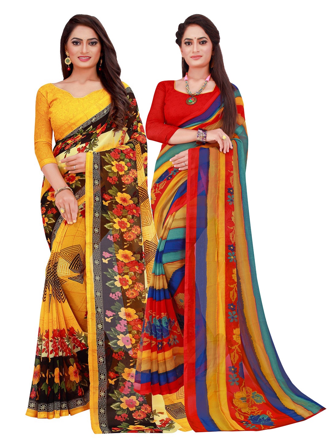 

SAADHVI Pack of 2 Printed Pure Georgette Sarees, Yellow