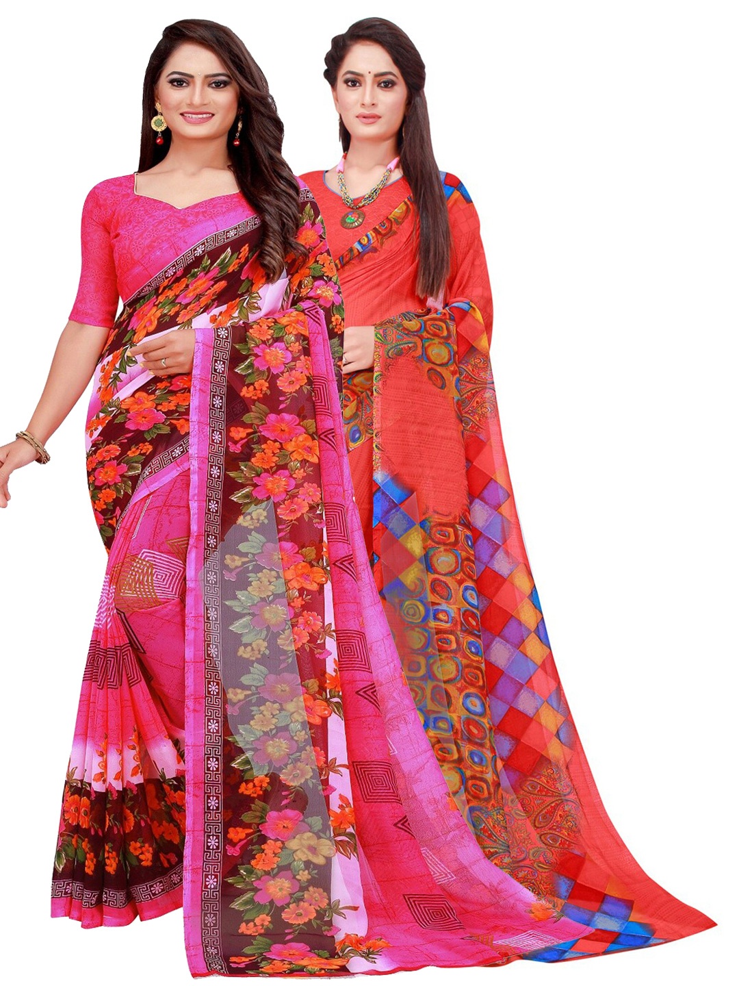 

SAADHVI Pack of 2 Printed Pure Georgette Sarees, Pink