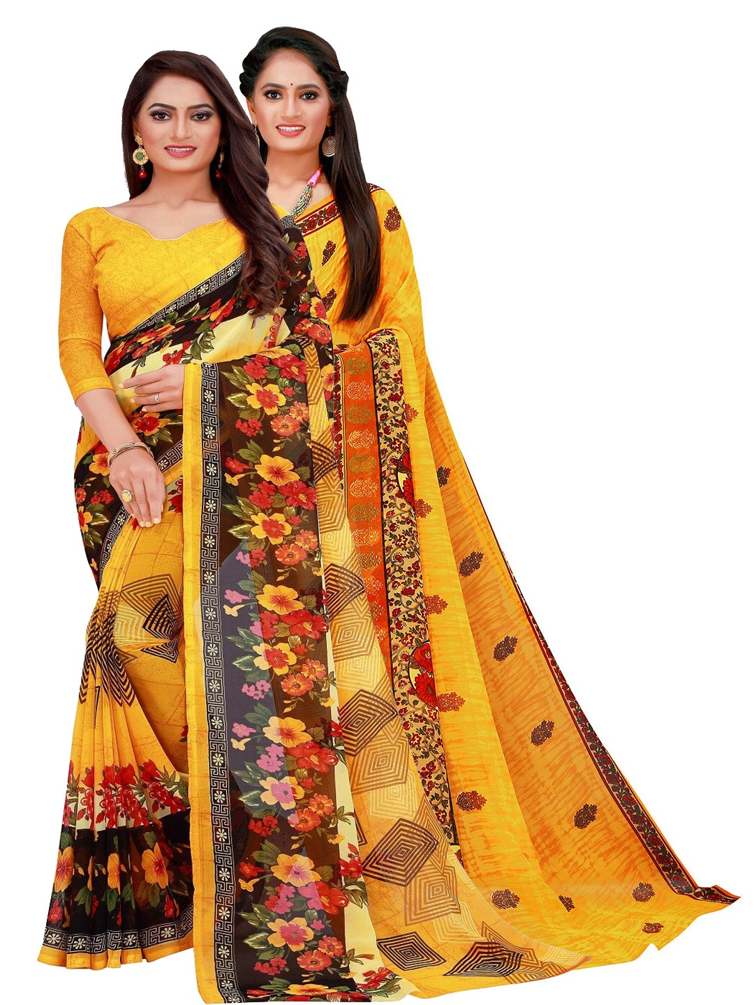 

SAADHVI Set Of 2 Yellow & Red Floral Pure Georgette Saree