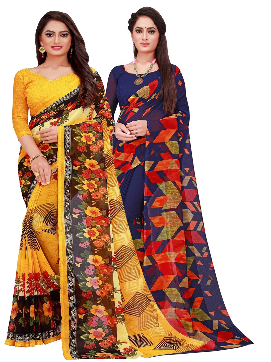 

SAADHVI Pack Of 2 Navy Blue & Yellow Floral Pure Georgette Saree