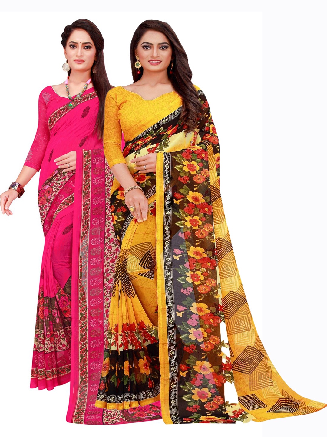 

SAADHVI Yellow & Magenta Floral Pure Georgette Saree