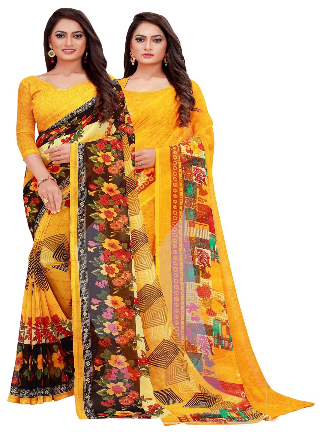 

SAADHVI Pack of 2 Yellow & Red Floral Pure Georgette Saree