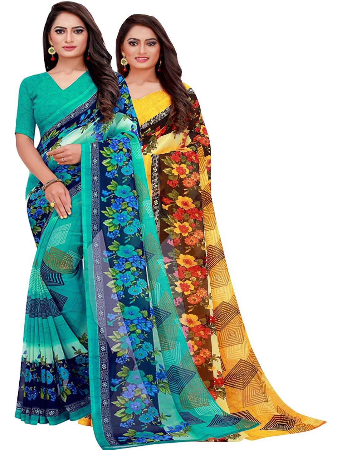 

SAADHVI Teal & Yellow Set of 2 Floral Printed Pure Georgette Saree