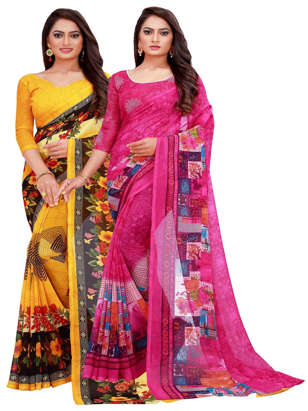

SAADHVI Pack of 2 Yellow & Pink Floral Saree
