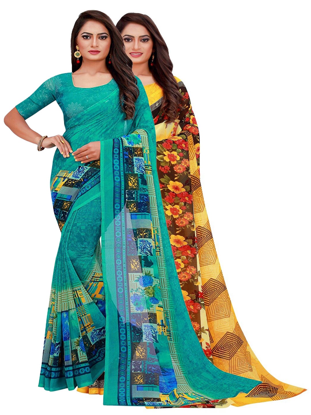 

SAADHVI Pack of 2 Teal & Yellow Floral Pure Georgette Saree