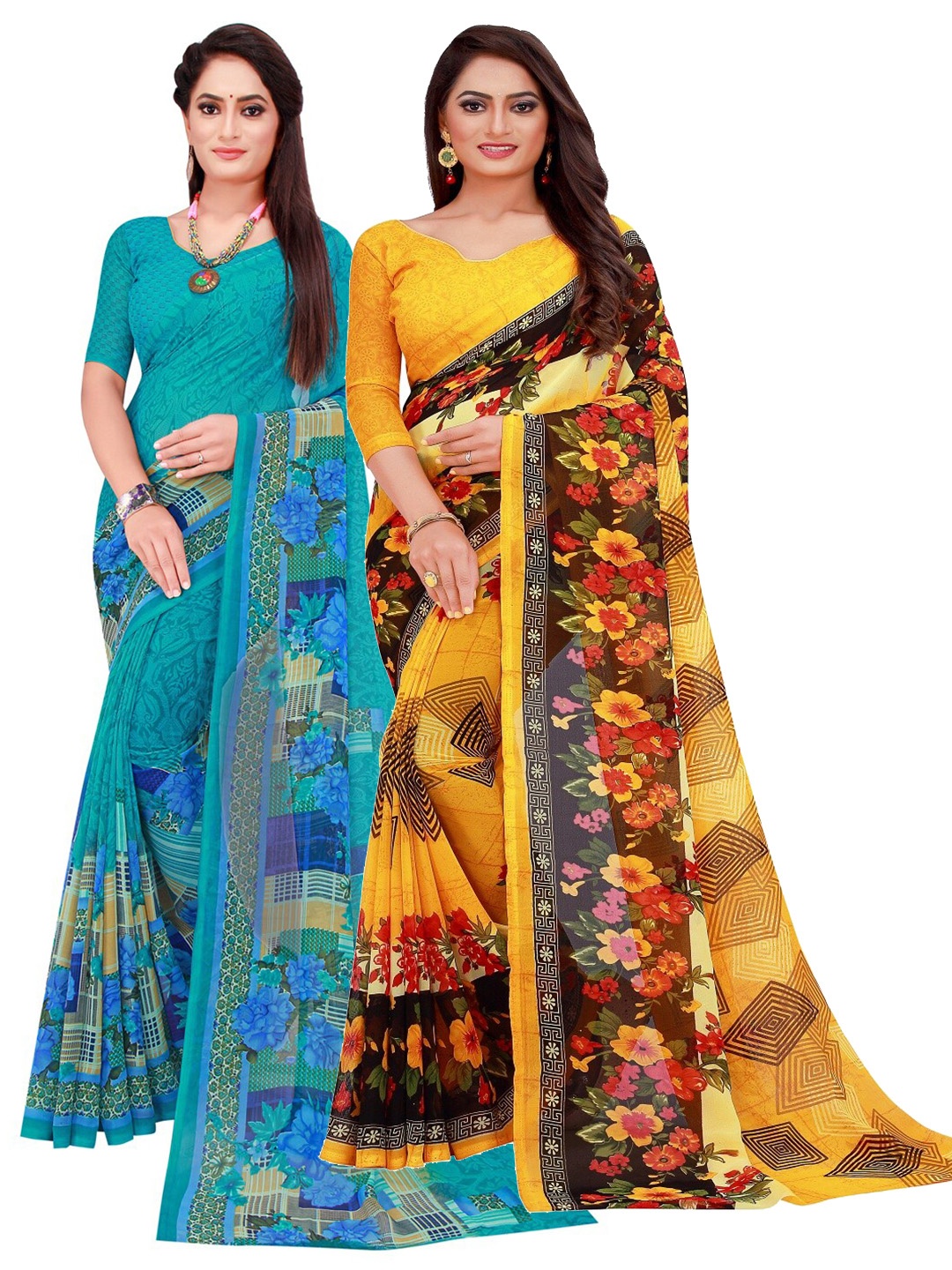 

SAADHVI Teal & Yellow Pack of 2 Pure Georgette Sarees