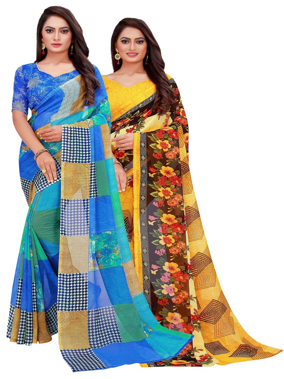 

SAADHVI Pack Of 2 Blue & Yellow Floral Pure Georgette Saree