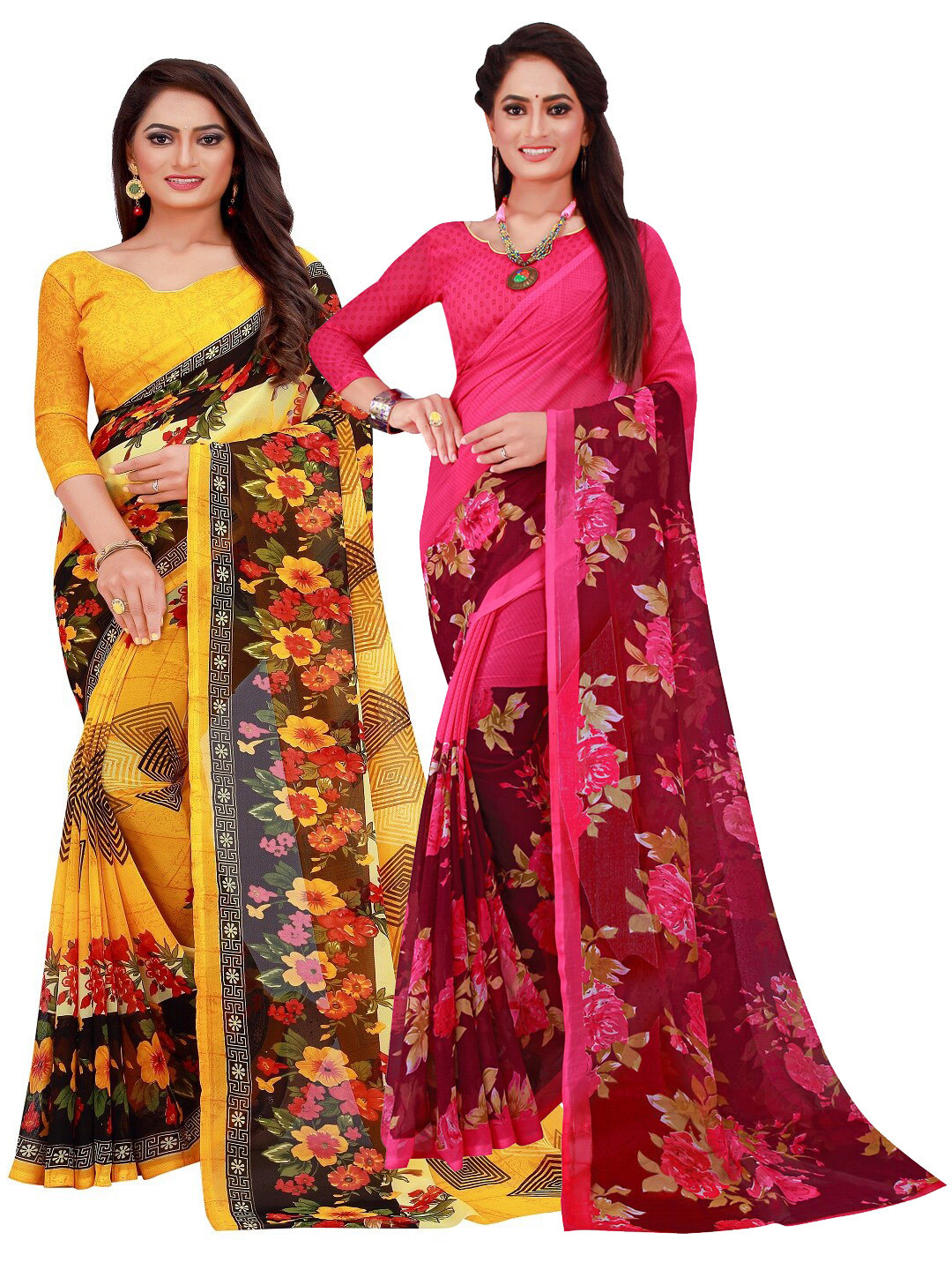 

SAADHVI Yellow & Magenta Floral Pure Georgette Saree Pack Of 2