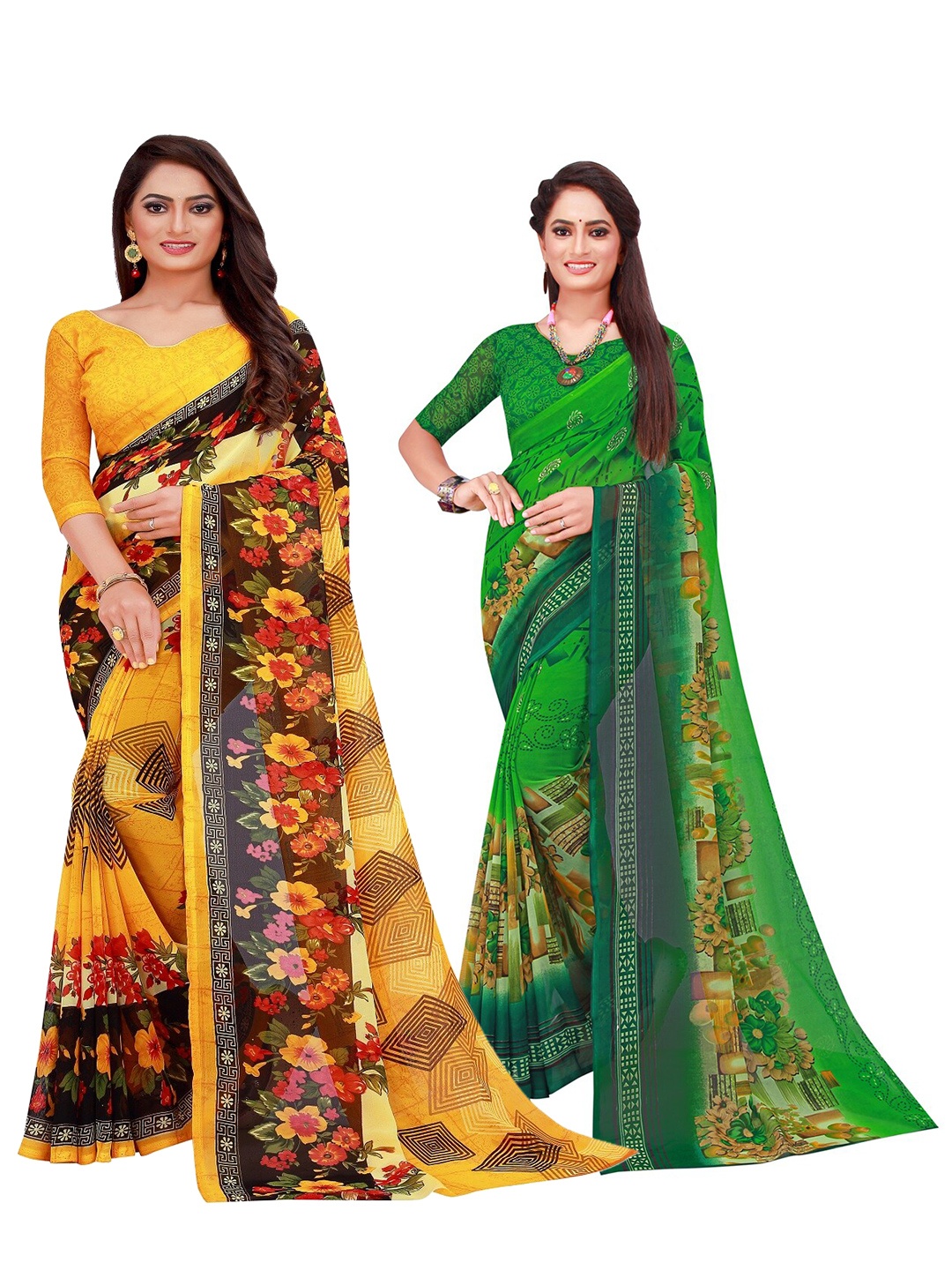 

SAADHVI Set Of 2 Yellow & Green Floral Pure Georgette Saree