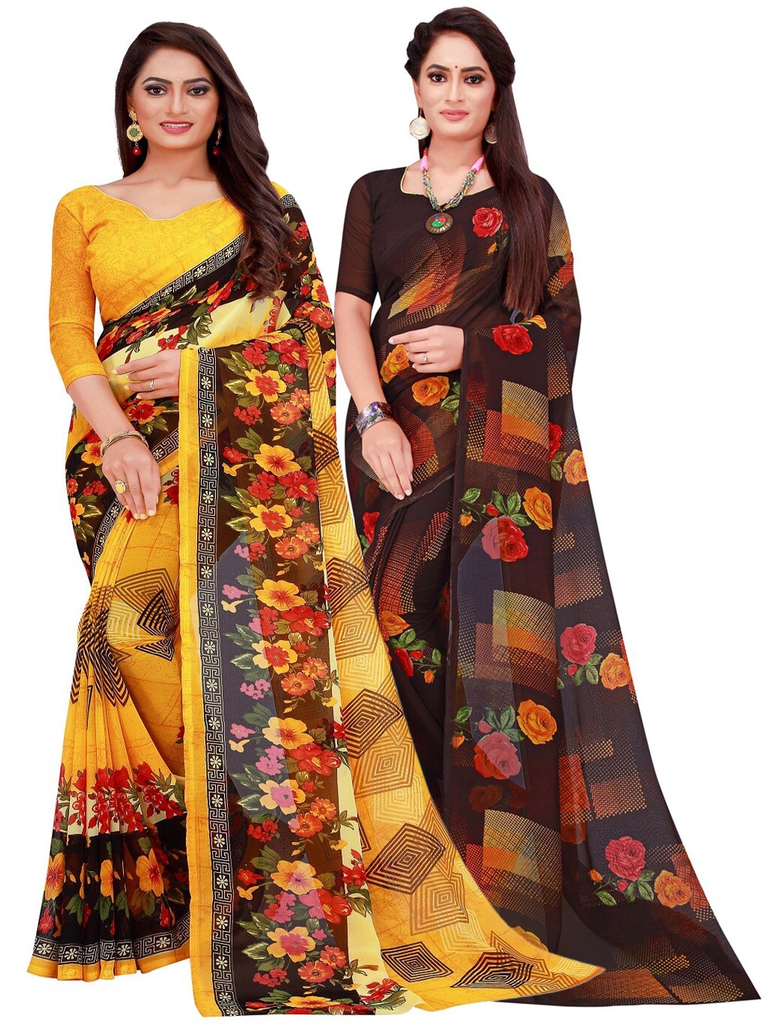 

SAADHVI Yellow & Black Floral Set of 2 Floral Pure Georgette Saree